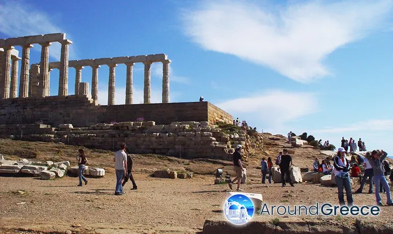 Visitors at the archaeological site of Sounio